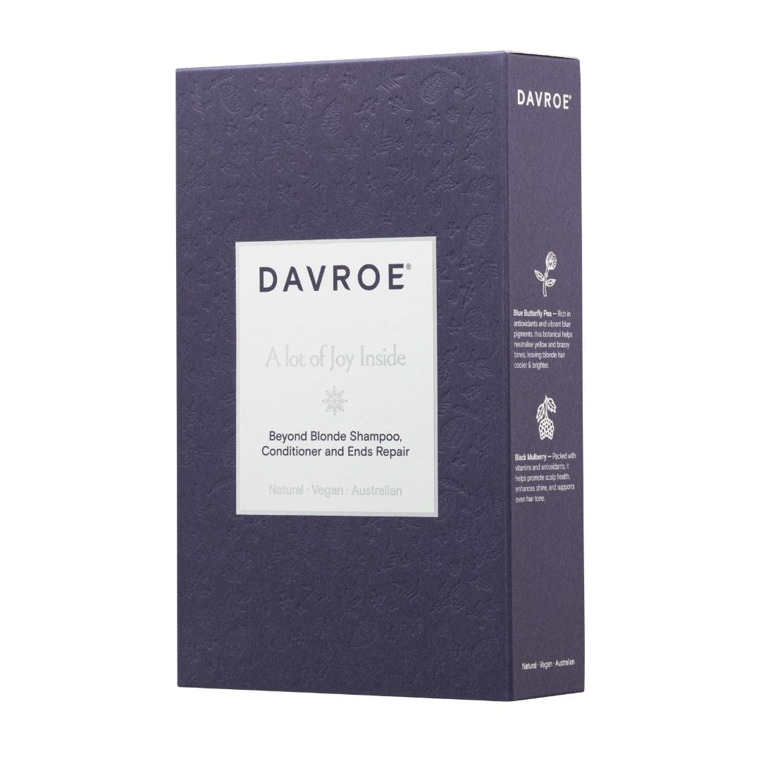 A rectangular purple box for DAVROE Beyond Blonde Shampoo, Conditioner and Ends Repair, shown on a plain white background.