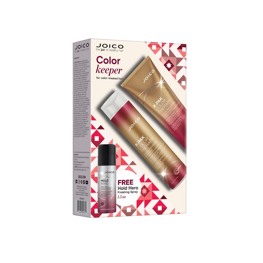 Joico Color Keeper hair color kit in its retail box, featuring a small bottle of Hourglass Fixing Spray and two tubes of K-4M Color Protect hair color, with a red and white geometric pattern on the packaging.