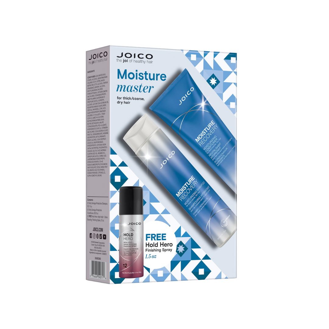 Joico Moisture Master hair care set in its retail box, featuring blue and white tubes and a small pink Hold Hero finishing spray bottle, shown on a white background.