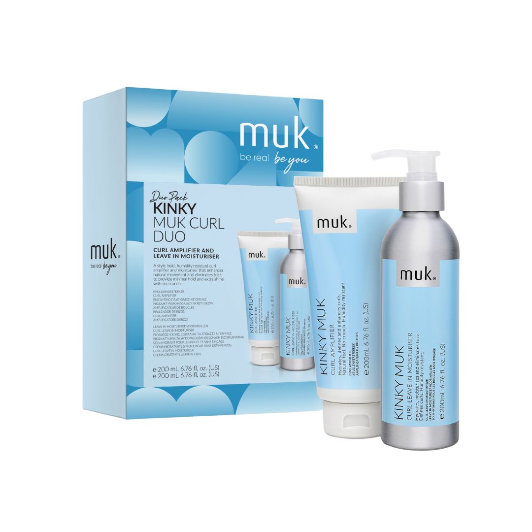 Muk Kinky Muk Curl Duo hair care products with packaging on a white background