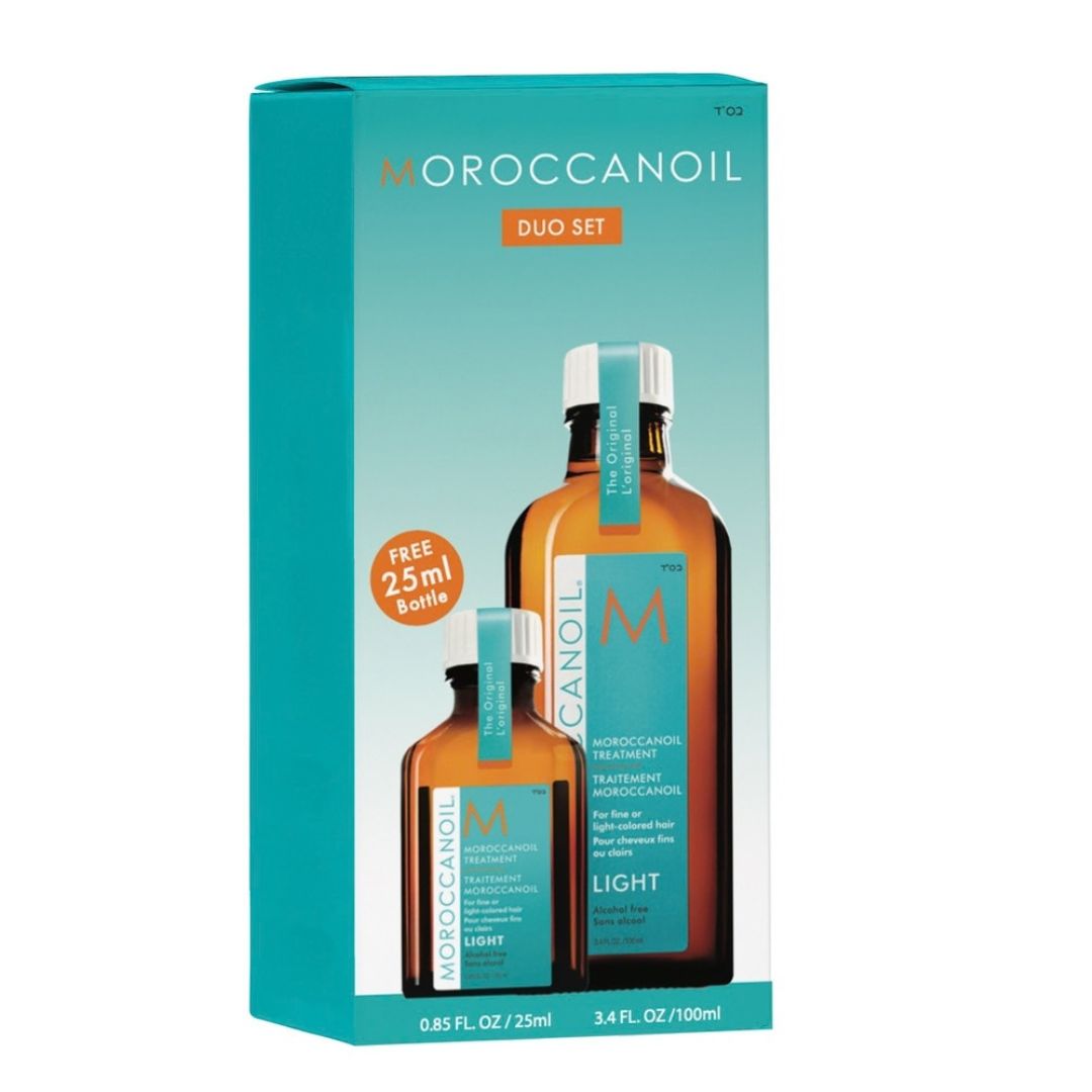 Moroccanoil Duo Set hair care treatment kit in a teal box, showing two amber bottles with teal labels: a 25ml bottle and a larger 100ml Light treatment bottle.