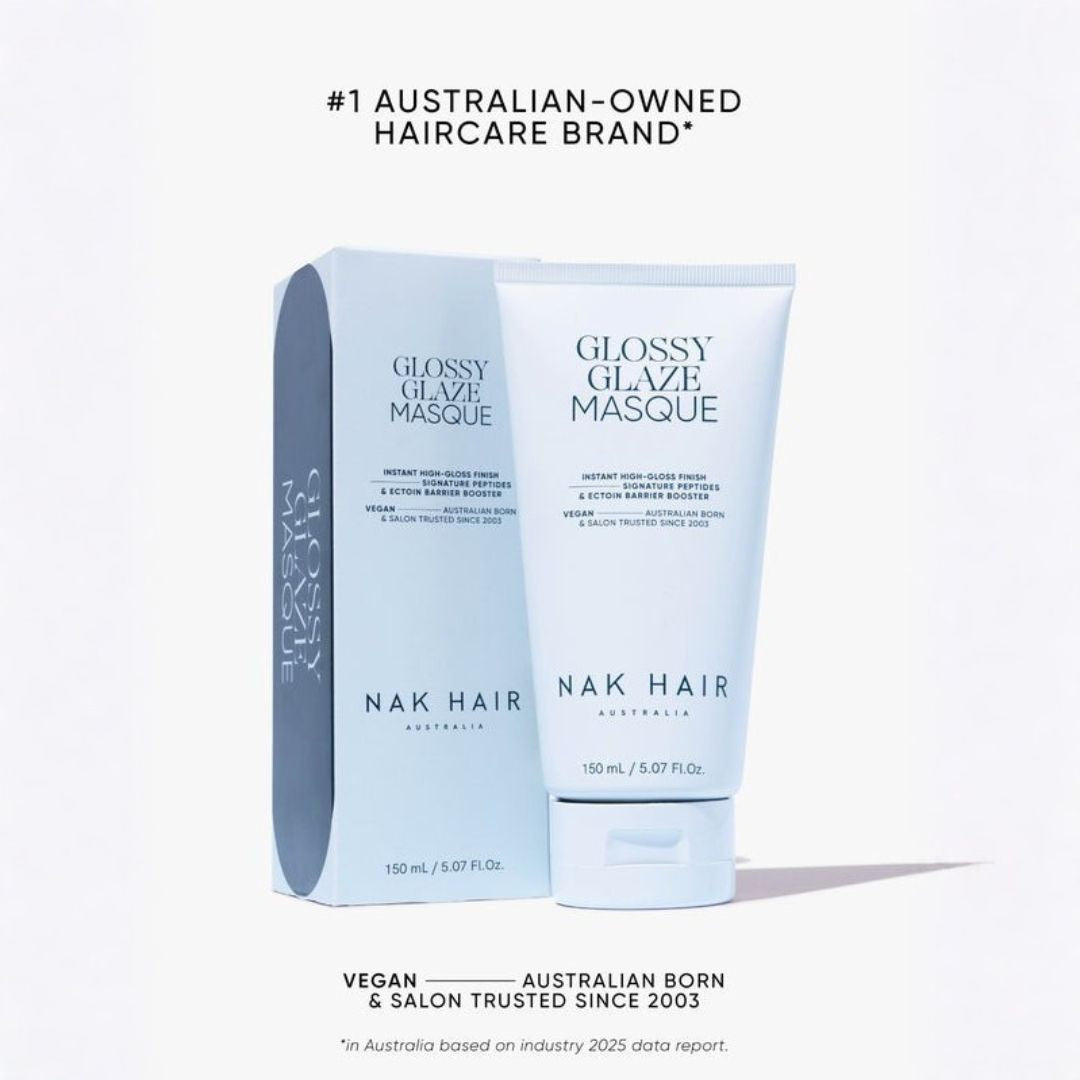 Nak Hair Glossy Glaze Masque hair care product shown with its box and tube on a clean white background, featuring promotional text above and below.