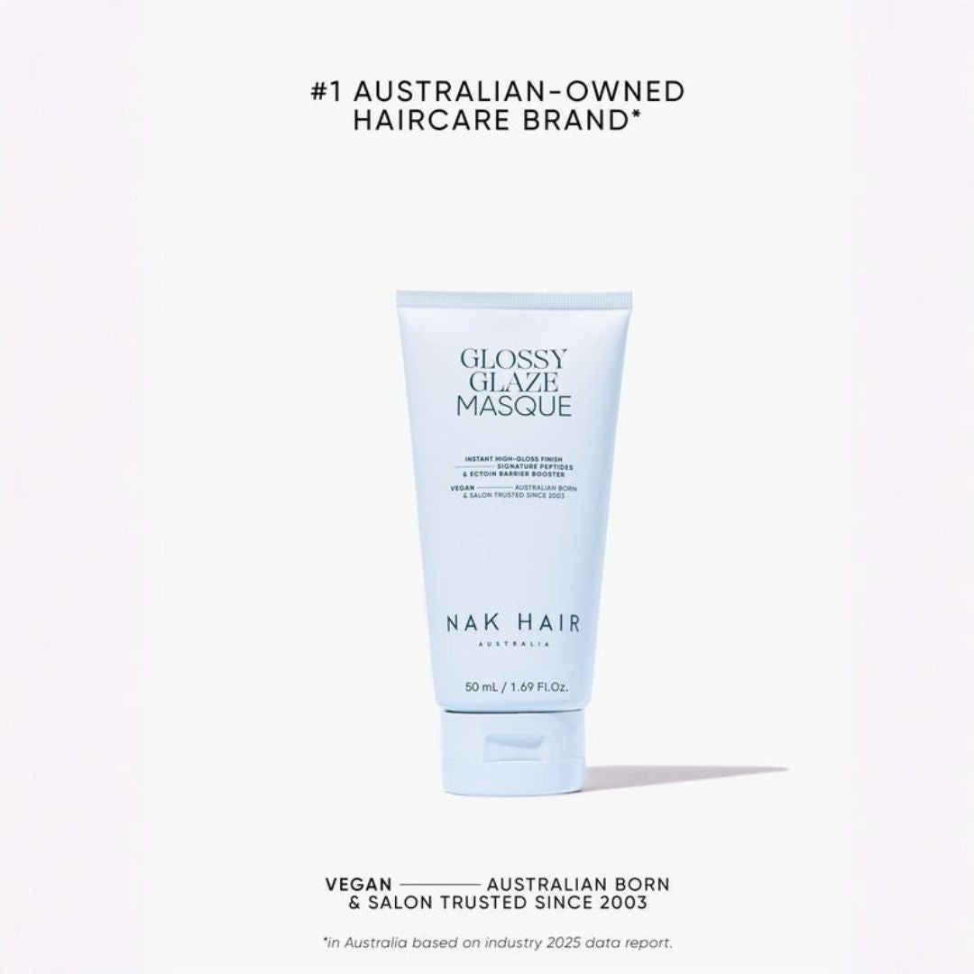 A light blue squeeze tube of Glossy Glaze Masque haircare by NAK Hair Australia, centered on a white background with promotional text above and below.