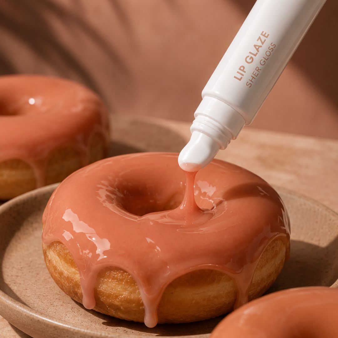 A close-up of a white lip glaze tube dispensing sheer peach-colored gloss onto a glazed donut, with more donuts blurred in the background on a warm brown surface.