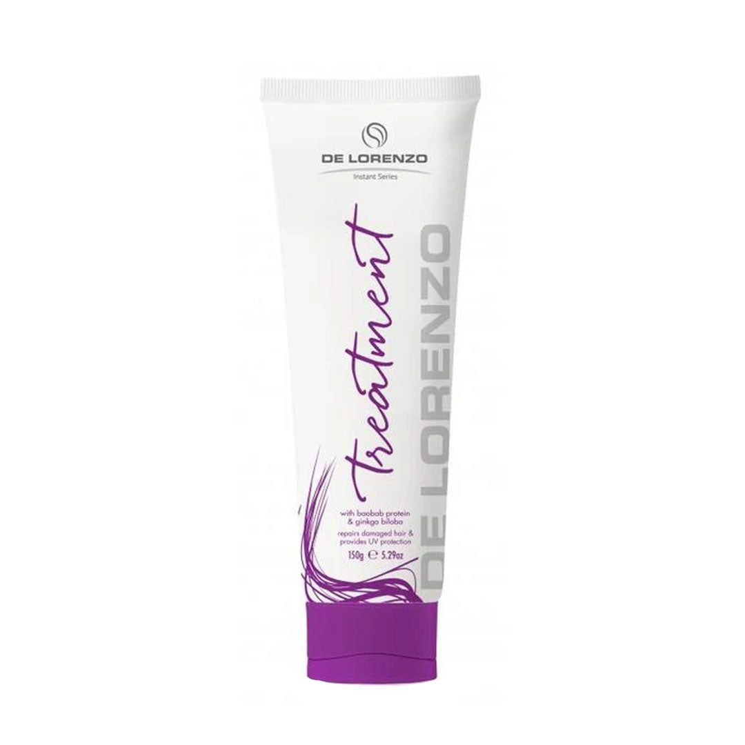 A tube of De Lorenzo Instant Rejuven8 Treatment, primarily white with purple accents and text.