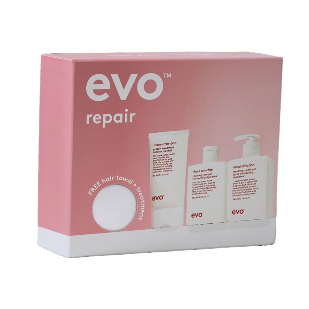 evo repair product set packaging on a white background