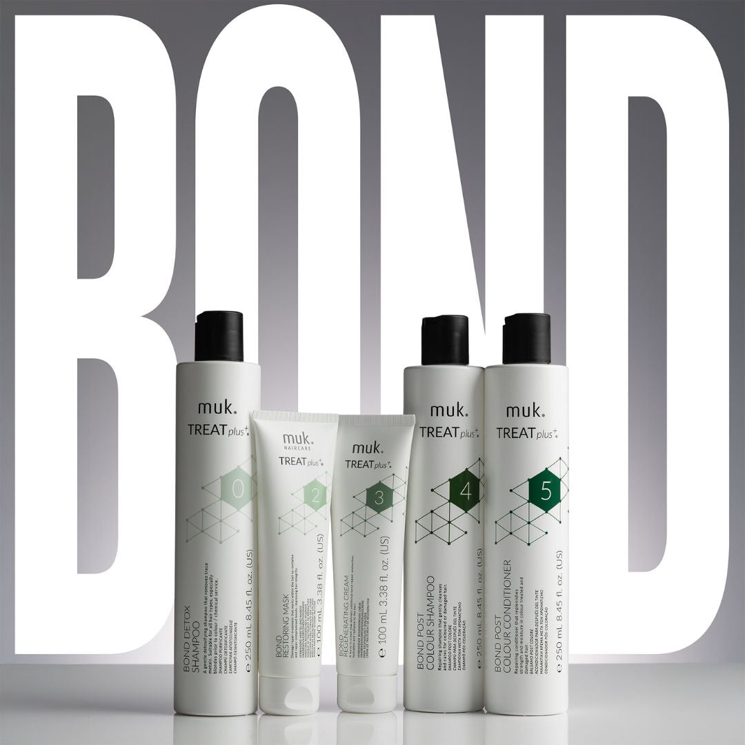 Set of muk hair care products with 'TREAT plus' branding on a gray background with 'BOND' text.