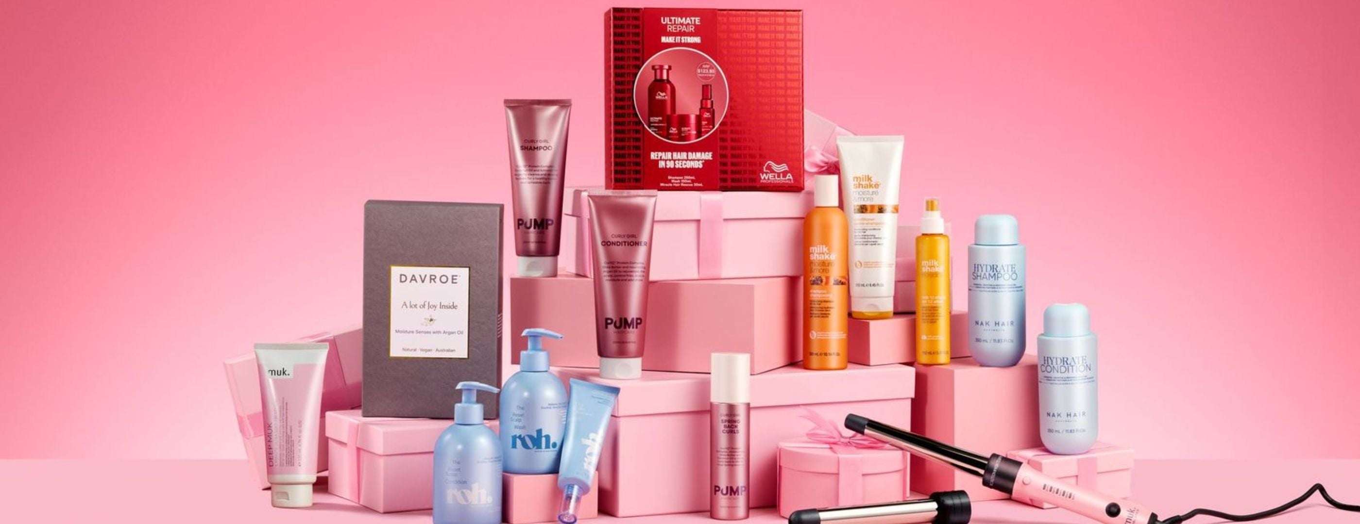 Christmas collection of haircare gift packs and styling tools