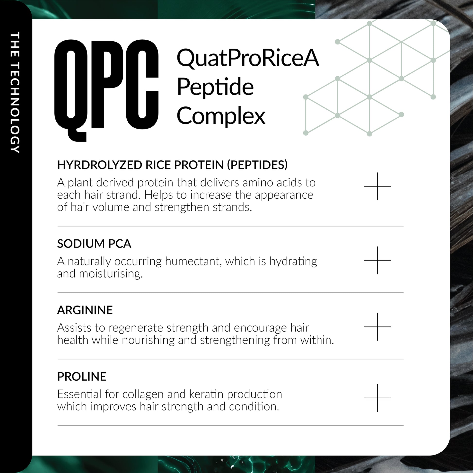 Technical description of QPC QuatProRiceA Peptide Complex with text and graphics on a white background.