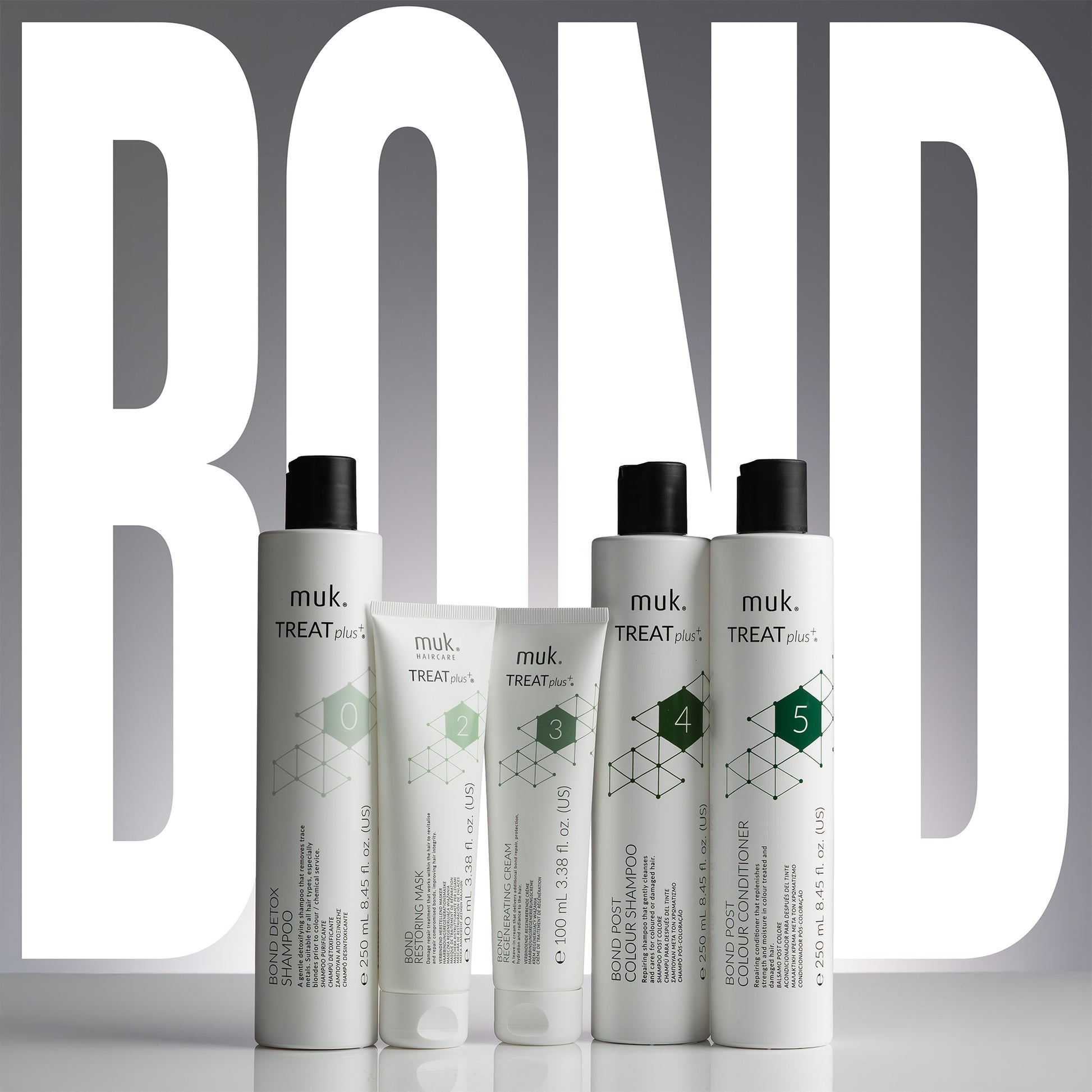 Set of muk hair care products with 'TREAT plus' branding on a gray background with 'BOND' text.