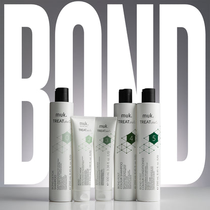Set of muk hair care products with 'TREAT plus' branding on a gray background with 'BOND' text.