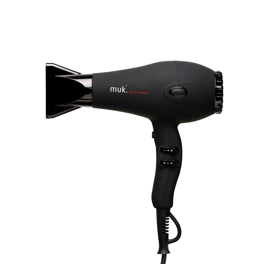 Black hair dryer with 'muk.' branding on a white background