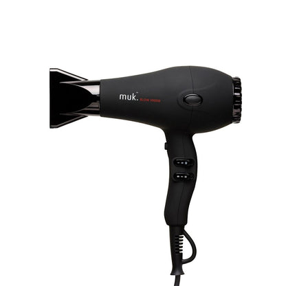 Black hair dryer with 'muk.' branding on a white background