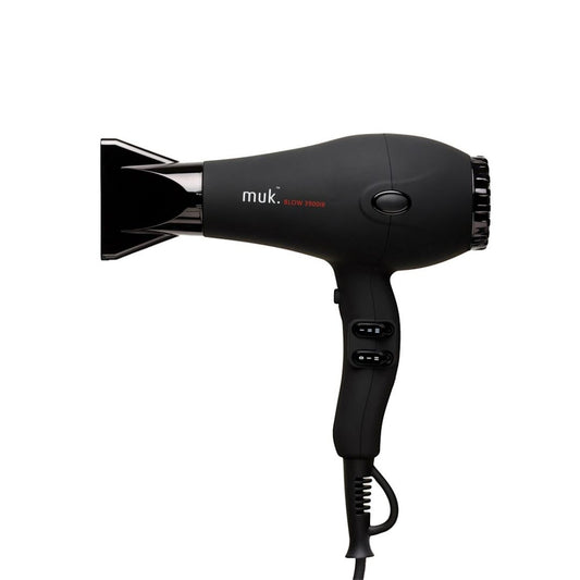 Black hair dryer with 'muk.' branding on a white background
