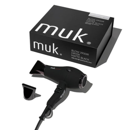 Black hair dryer with attachments and packaging displaying 'muk' brand on a white background