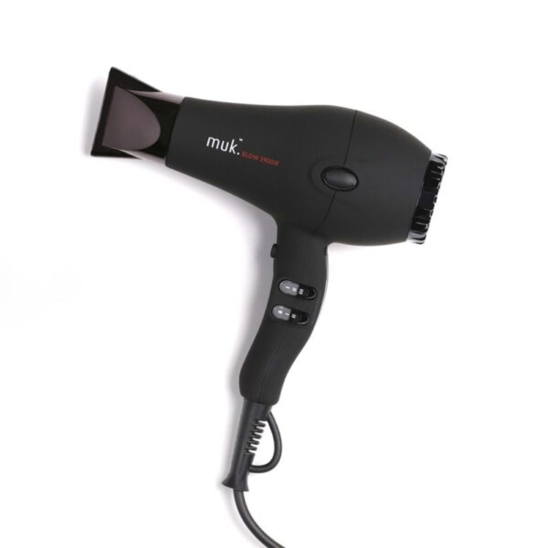 Black hair dryer with 'muk.' branding on a white background