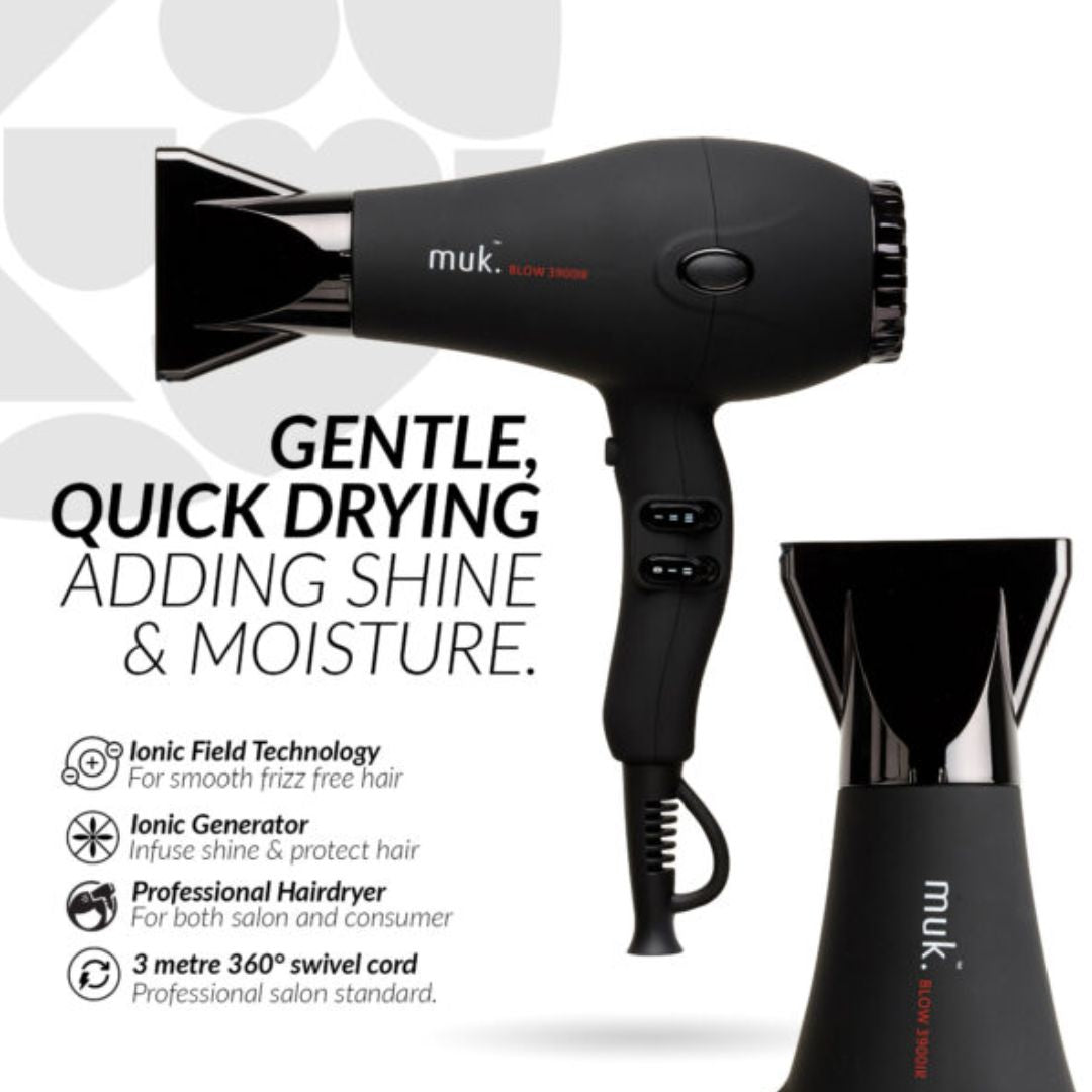 Black hair dryer with text highlighting features on a white background