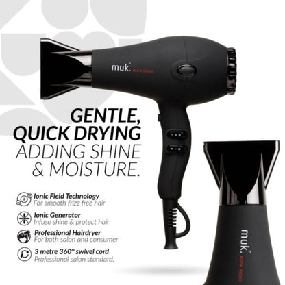 Black hair dryer with text highlighting features on a white background