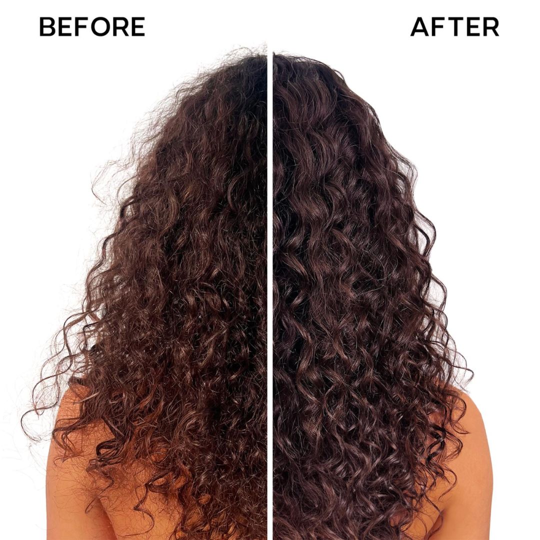 Before and after comparison of curly dark brown hair, showing frizzy, less defined curls on the left under the label 'BEFORE' and smoother, tighter curls on the right under the label 'AFTER' on a white background.