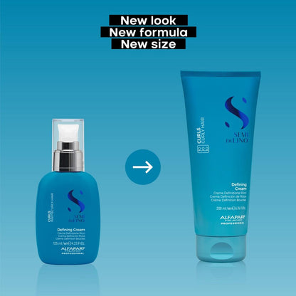Alfa Pafni Curling Cream 200ml bottle and Seal of the Artiste 250ml squeeze tube, both in a vibrant blue color, displayed side-by-side with a blue arrow and a black text banner reading 'New look New formula New size'.