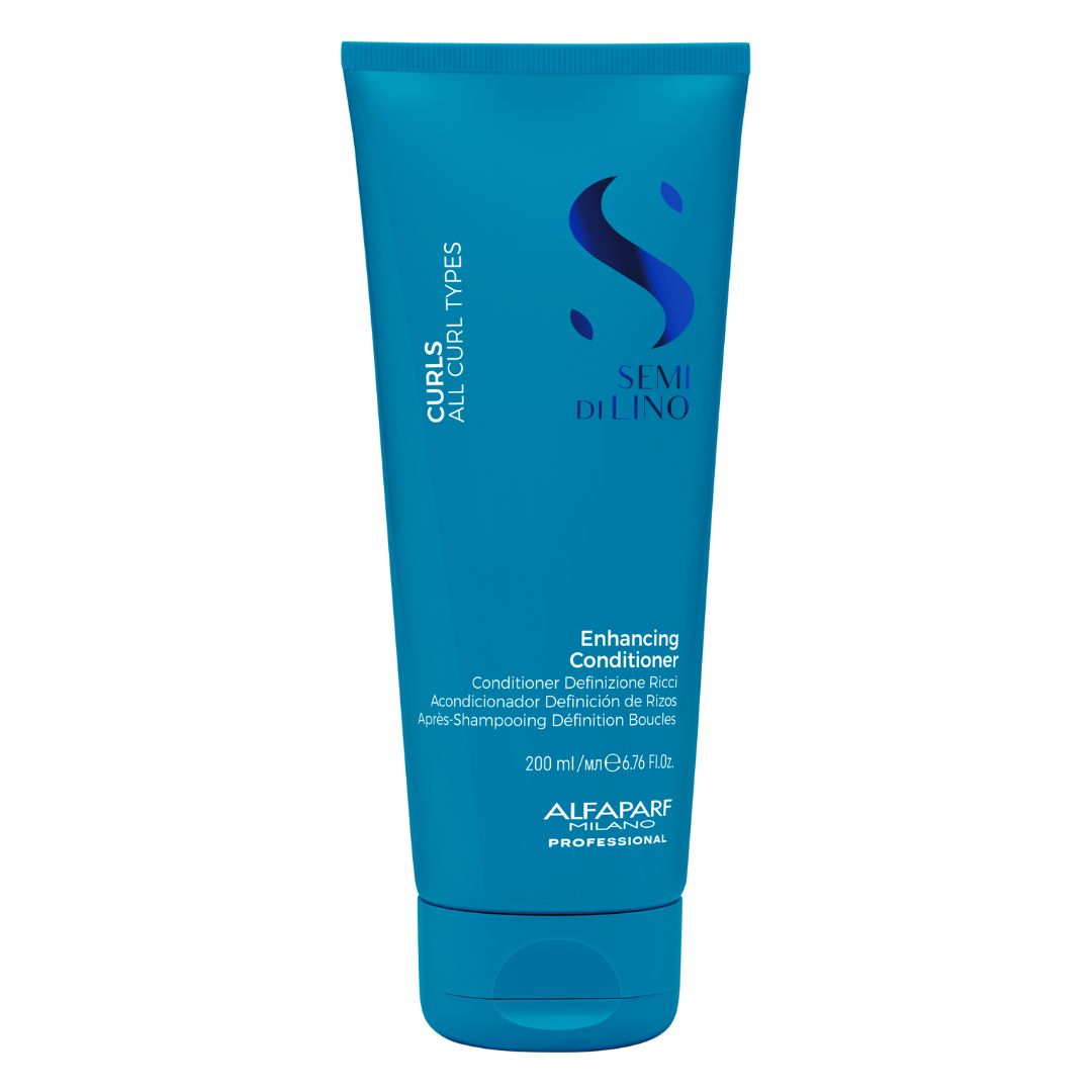 A 200 ml tube of Alfaparf Professional 'Curls Curling Types' Enhancing Conditioner in a vibrant blue packaging, shown against a plain white background.
