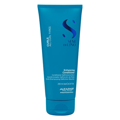 A 200 ml tube of Alfaparf Professional 'Curls Curling Types' Enhancing Conditioner in a vibrant blue packaging, shown against a plain white background.