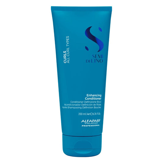 A 200 ml tube of Alfaparf Professional 'Curls Curling Types' Enhancing Conditioner in a vibrant blue packaging, shown against a plain white background.