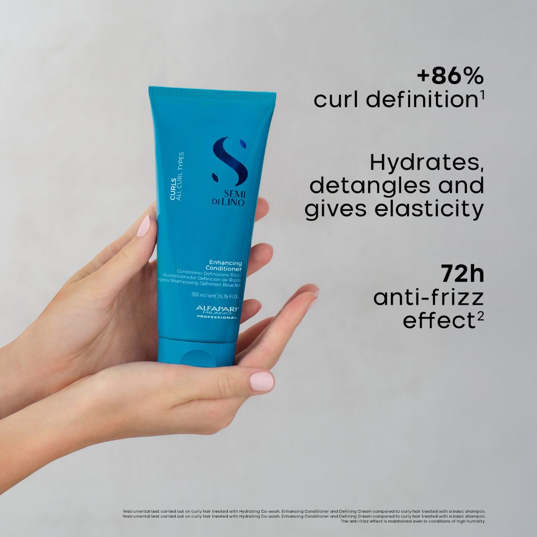 A hand holds a bright blue Semblino Embracing Bond Care Embracing Bond Treatment tube against a light gray background, with black text on the right highlighting curl definition, hydration, detangling, elasticity, and a 72-hour anti-frizz effect.