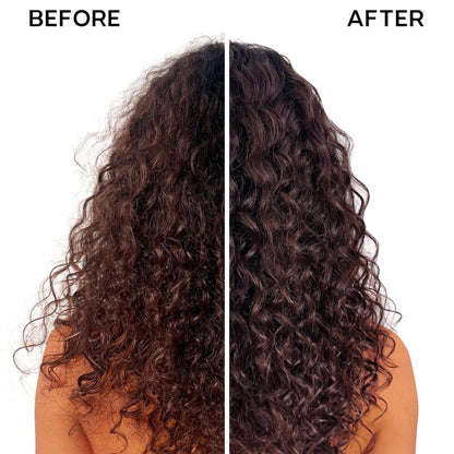 Before and after comparison of curly dark brown hair, showing frizzy, less defined curls on the left under the label 'BEFORE' and defined, glossy curls on the right under the label 'AFTER' on a white background.