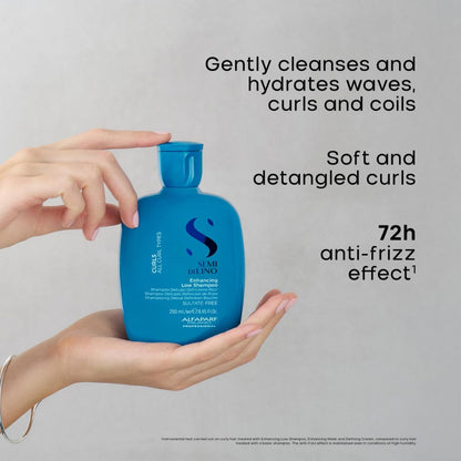 A person's hands holding a blue A'Nai Milano Curl & Define Enhancing Luminous Paste bottle against a light gray background, with promotional text describing its gentle cleansing and anti-frizz benefits.