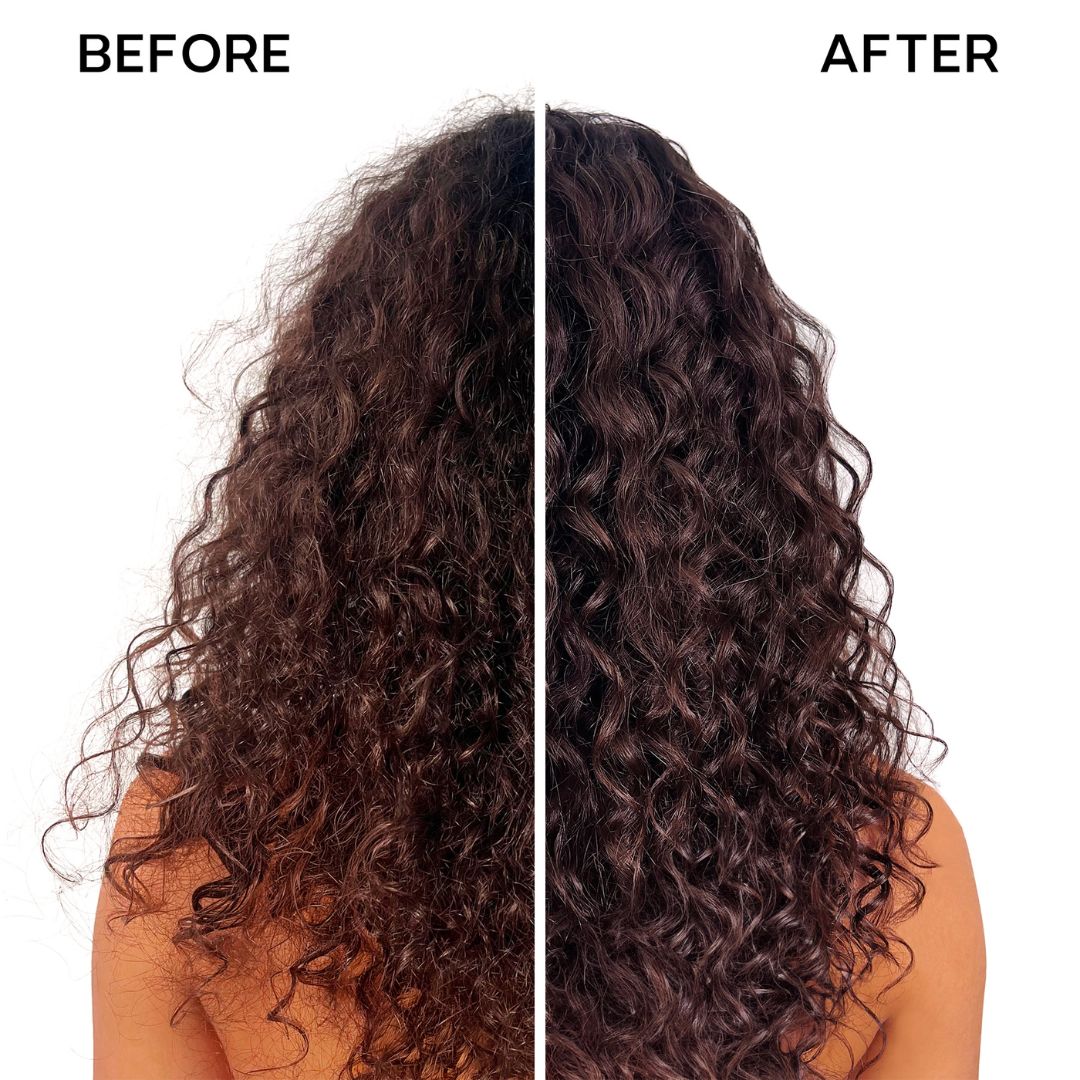 Before and after comparison of curly dark brown hair, showing frizzy, dry-looking curls on the left labeled BEFORE, and smoother, shinier curls on the right labeled AFTER, on a white background.