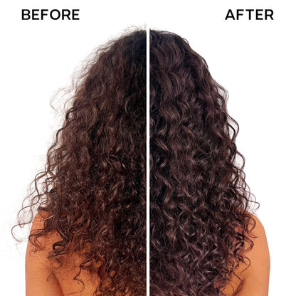 Before and after comparison of curly dark brown hair, showing frizzy, dry-looking curls on the left labeled BEFORE, and smoother, shinier curls on the right labeled AFTER, on a white background.