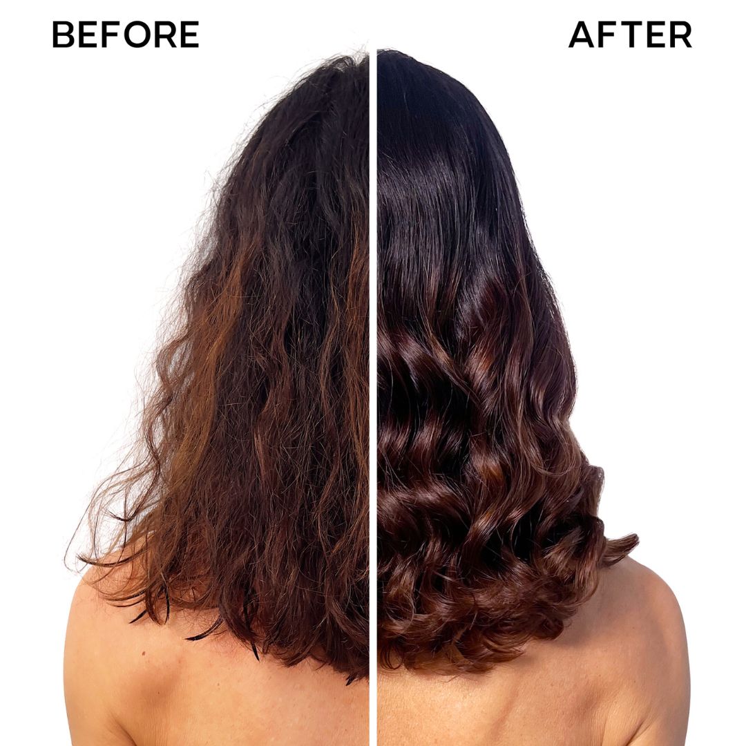 Before and after comparison of a woman's hair from the back, showing frizzy, dry brown hair on the left and smooth, shiny, styled waves on the right.