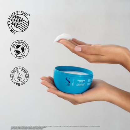 A person holds an open blue jar of Swisse Skin Science Afnacor moisturizing cream, with white cream being spread onto their fingers. Three black circular icons on the left highlight product benefits: anti-frizz effect, biodegradable formula, and vegan status.