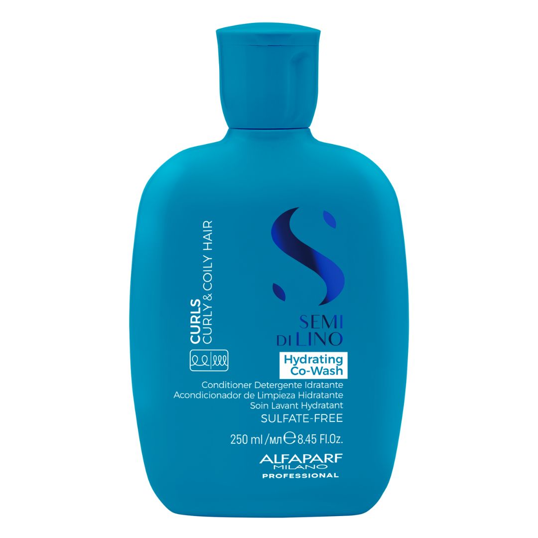 A 250 ml bottle of AlpaFarf Professional Semi Di Lino Hydrating Co-Wash conditioner for curls and curly hair, in a bright blue-green color with white and dark blue text and logo.