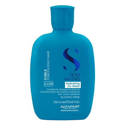A 250 ml bottle of AlpaFarf Professional Semi Di Lino Hydrating Co-Wash conditioner for curls and curly hair, in a bright blue-green color with white and dark blue text and logo.