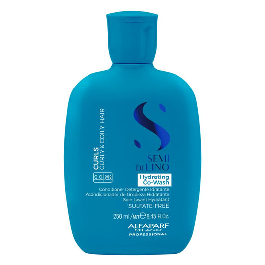 A 250 ml bottle of AlpaFarf Professional Semi Di Lino Hydrating Co-Wash conditioner for curls and curly hair, in a bright blue-green color with white and dark blue text and logo.
