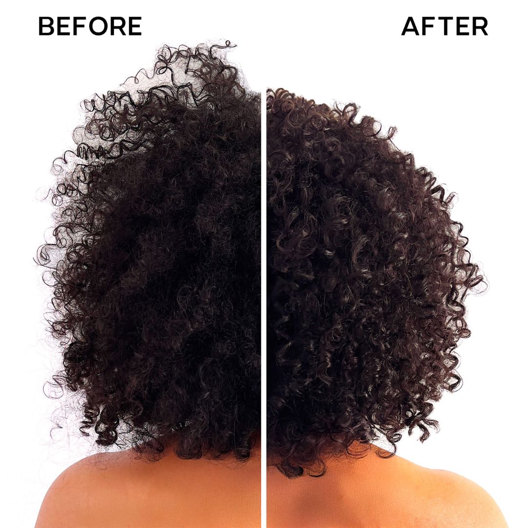 Before and after comparison of a person with curly hair, showing the hair texture and style.