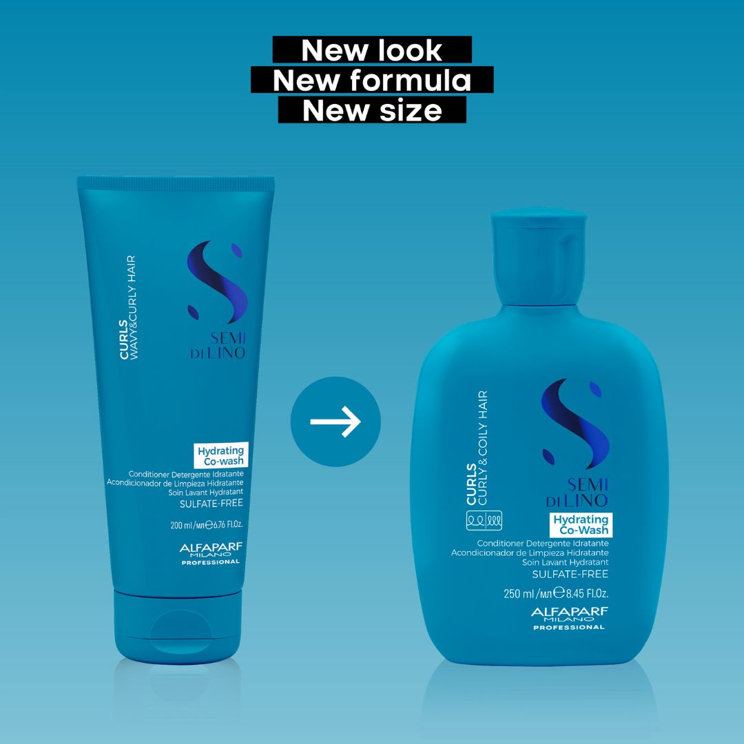 Two blue haircare products on a blue gradient background: a tube of Alfyparf Curls & Curl-Down Hair Conditioner on the left and a matching bottle on the right, with text reading 'New look New formula New size' above and a teal arrow between the products.