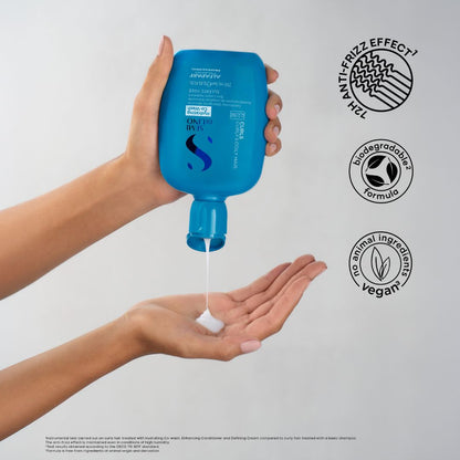 A person holds a bright blue bottle of Swiss Beauty Aviator Anti-Frizze Conditioner, dispensing white conditioner cream into their palm, with three black circular feature icons on the right.