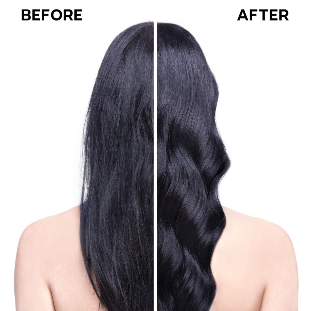Before and after comparison of long, straight black hair on the back of a woman's head, with 'BEFORE' on the left and 'AFTER' on the right, against a white background.