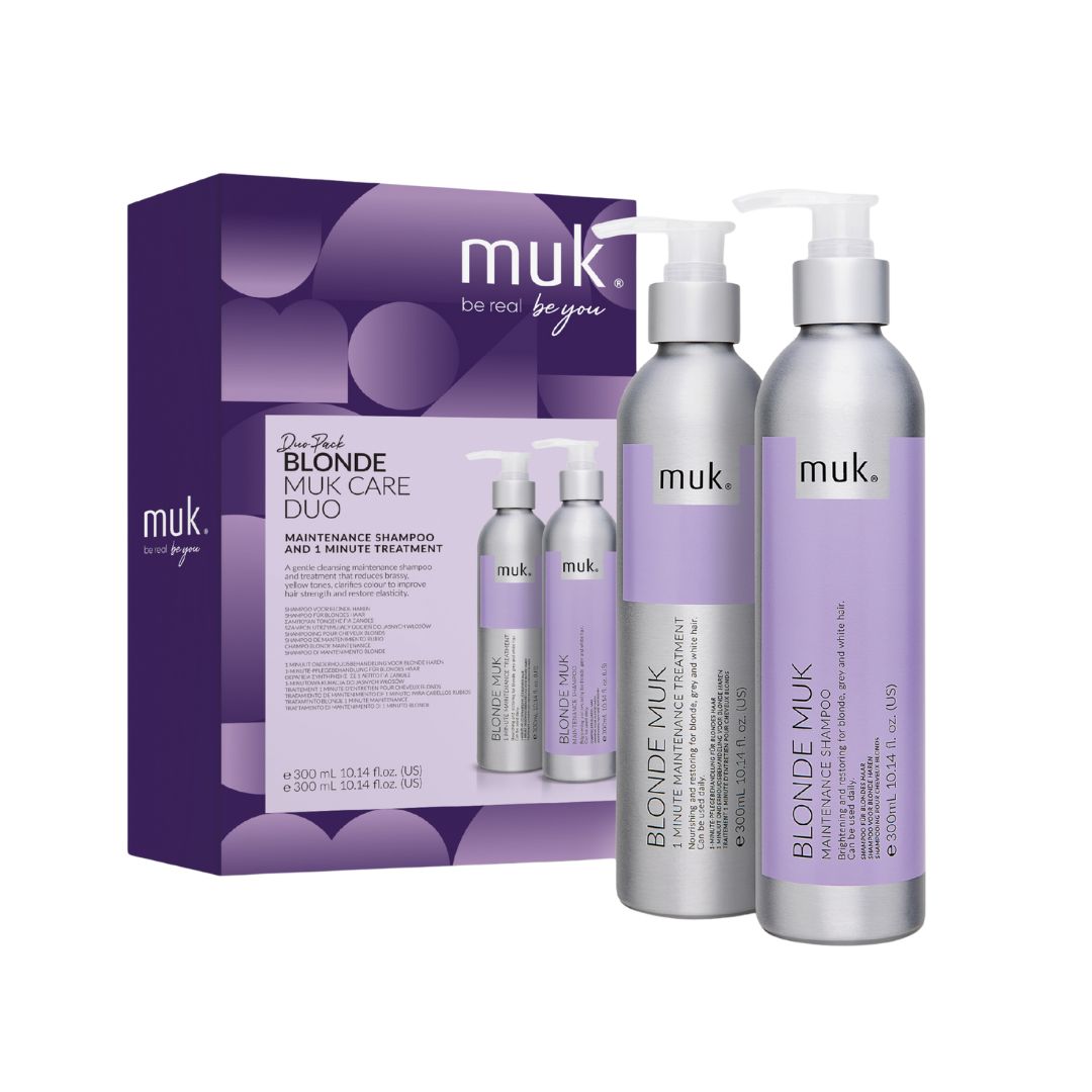 muk blonde hair care duo set with packaging on a white background