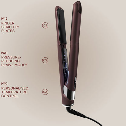 A dark brown hair straightener with a digital temperature display and cord, shown against a light beige background with three feature callouts and text on the left.