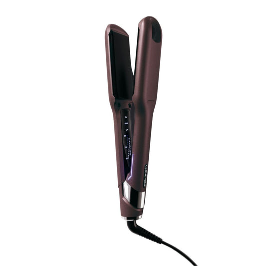 A hair straightener with a metallic dark plum-brown finish, featuring a digital temperature display on the side and a black cord extending from the bottom, set against a plain white background.