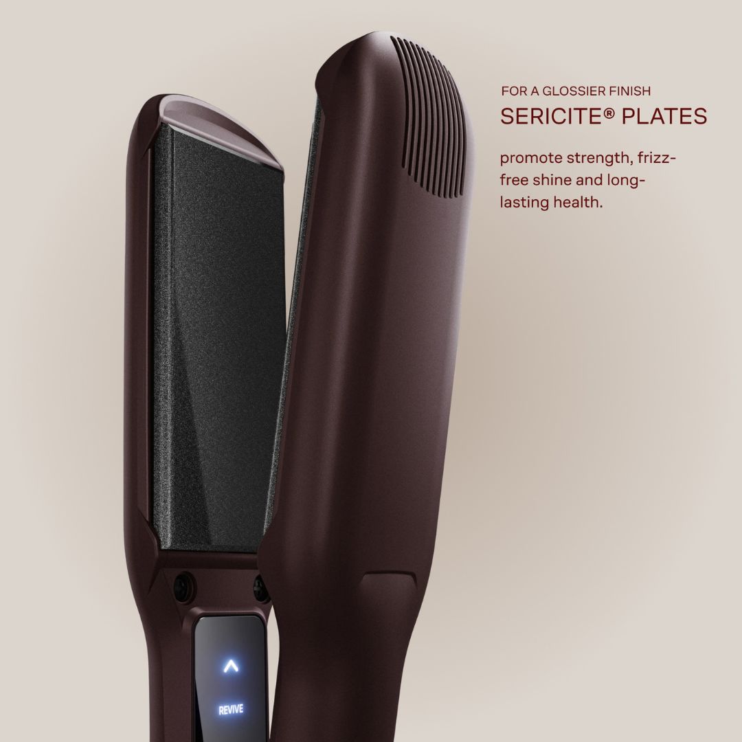 A close-up studio shot of a hair straightener showing two dark brown plates with black textured interiors, accompanied by promotional text on a warm beige background.