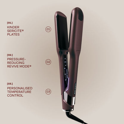 A hair straightener shown on a warm beige background with descriptive text callouts on the left. The product is a dark plum-brown flat iron with a digital temperature display on the side and a black cord extending downward.