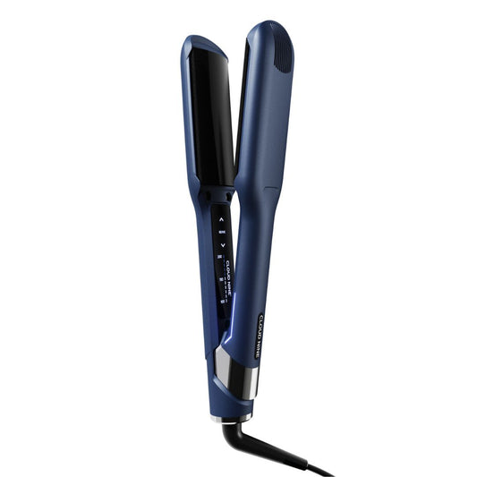 Blue hair straightener on a white background