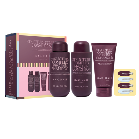 Nak Hair Structure Complex Signature Set featuring a hair care gift box with three bottles, one tube, and three hair pin accessories on a white background.