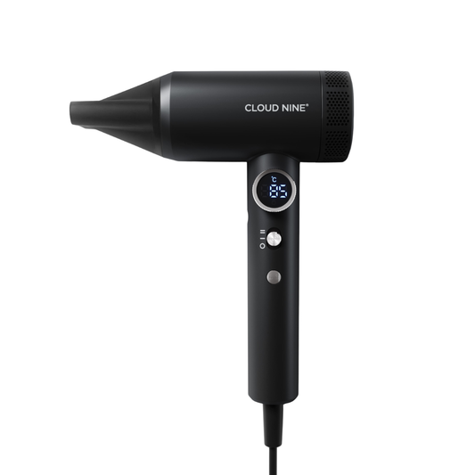 A black handheld hair dryer with a digital display showing 80 degrees and the brand name CLOUD NINE printed on the side, set against a plain white background.