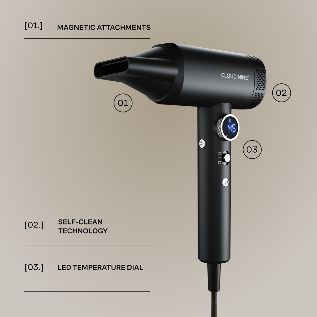 Black Cloud Nine hair dryer with a nozzle attachment, shown on a beige background with callout labels explaining magnetic attachments, self-clean technology, and LED temperature dial.